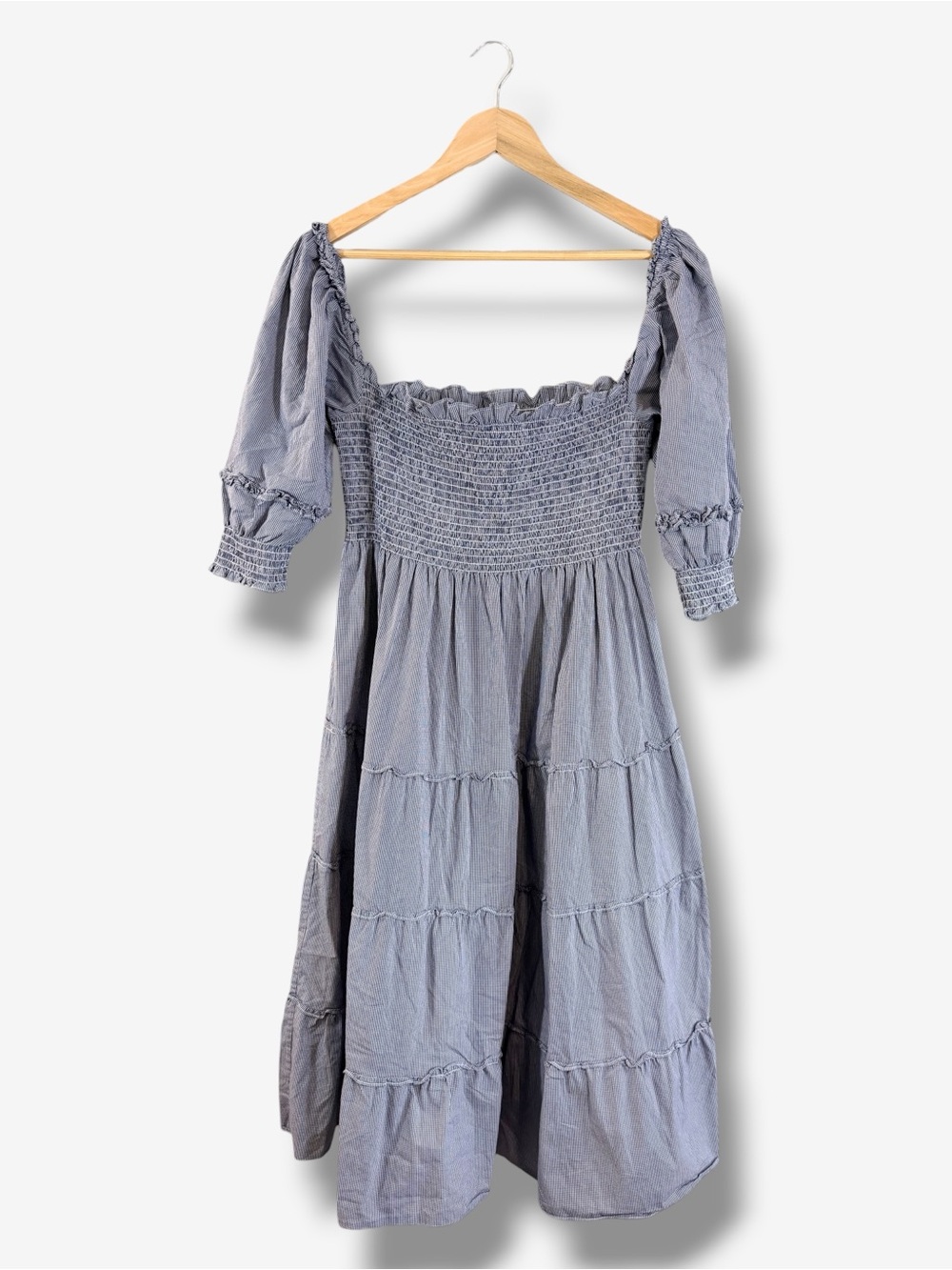Hill House Home Nesli Nap Dress L Light Blue Plaid Smocked Puff Sleeve Midi